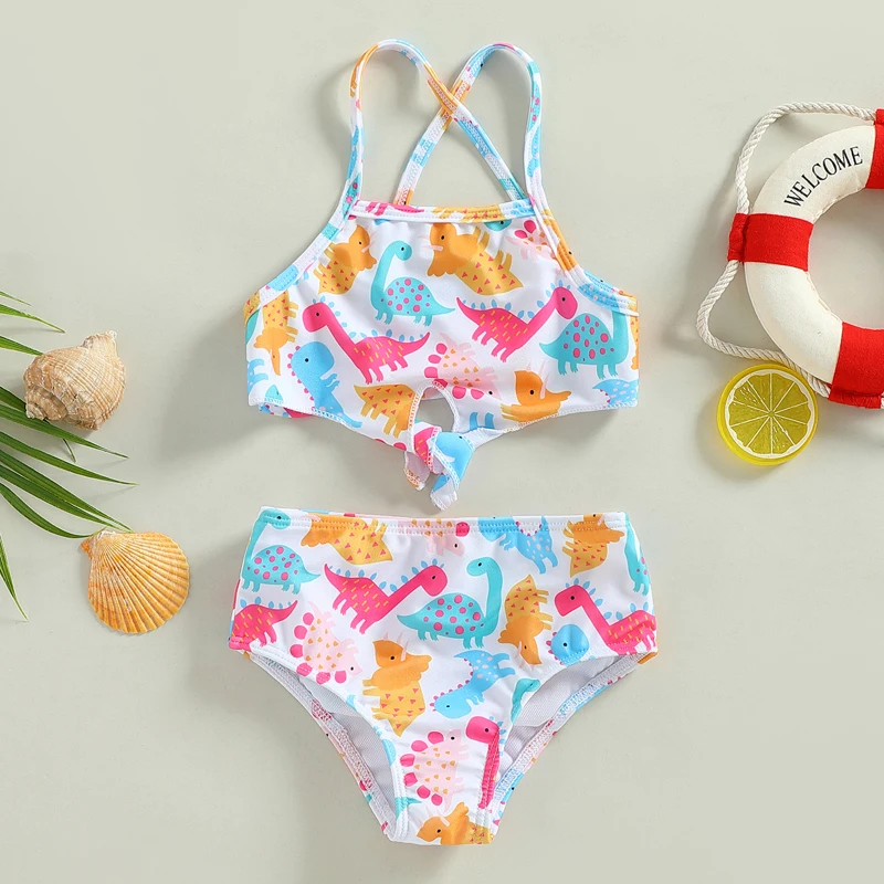 Toddler Girls Summer Bikinis Set Colorful Cartoon Dinosaur Print Sleeveless Swimsuit Summer Bathing Suit For Children 2-7Yrs