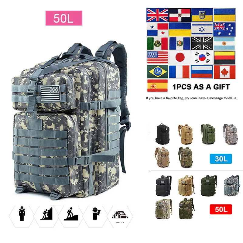 

Туристические рюкзаки 30 л/50 л, камуфляжный Тактический ранец для походов, переносная тактическая дорожная сумка с системой «Молле» 3P