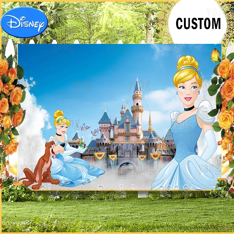 

Disney Castle Blue Dress Blonde Princess Backdrop Girls Birthday Party Decor Custom Background Cinderella Banner Baby Shower