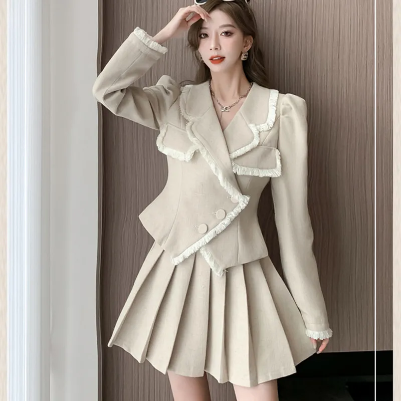 

High Quality Korean Fashion Small Fragrance 2 Piece Set For Women Jacket Coat + Mini Pleated Skirt Sets Female Two Piece Outfits