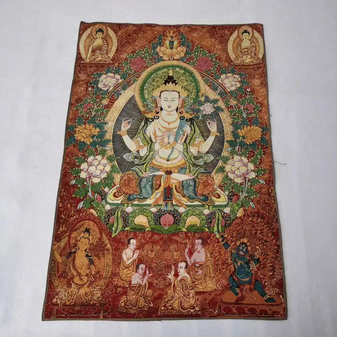 

36" Tibet Tibetan Cloth Silk 4 Arm Guanyin Kwan-yin Tangka Thangka Mural #8