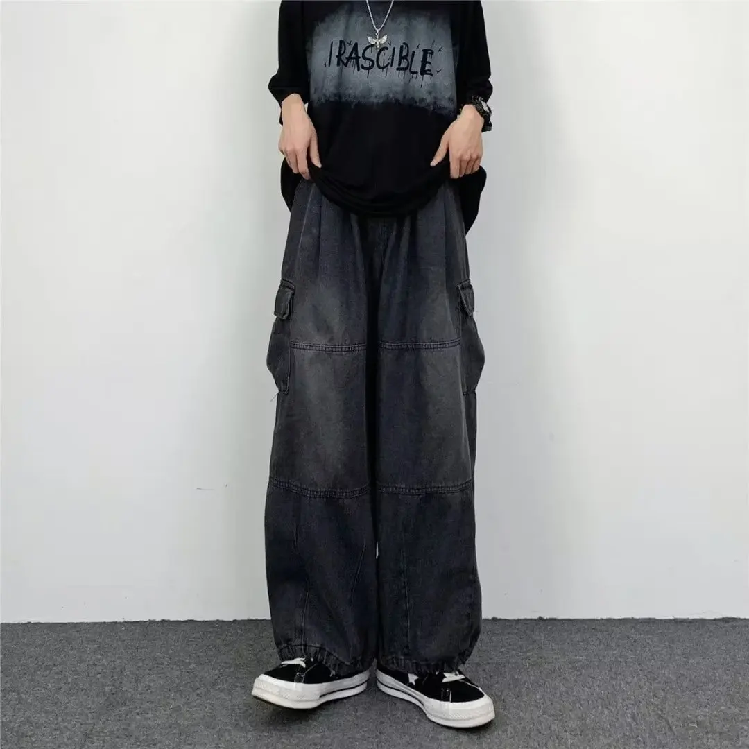 Retro Drape Feeling Loose Fitting Wide Leg Casual Large Pocket Work Clothes Denim Washed New Dad Pants for Men