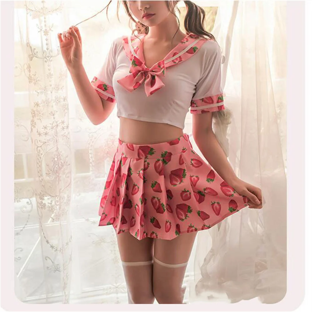 

Sexy Student Sailor With Blue And Pink Color Uniform Kwaii Strawberry Print Transparent Lolita Bra Panty Underwear Sleepwear