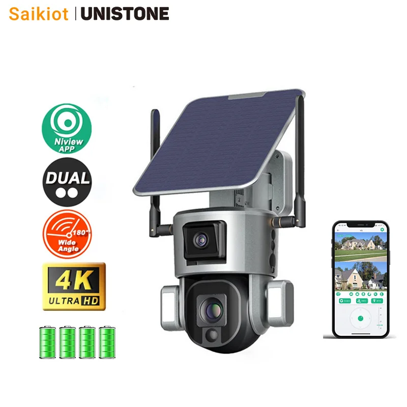 Saikiot Sim Card 4K 10X Zoom Solar Camera Surveillance Outdoor Security Camera Alarm Linkage Dual Lens CCTV 4G solar PTZ camera