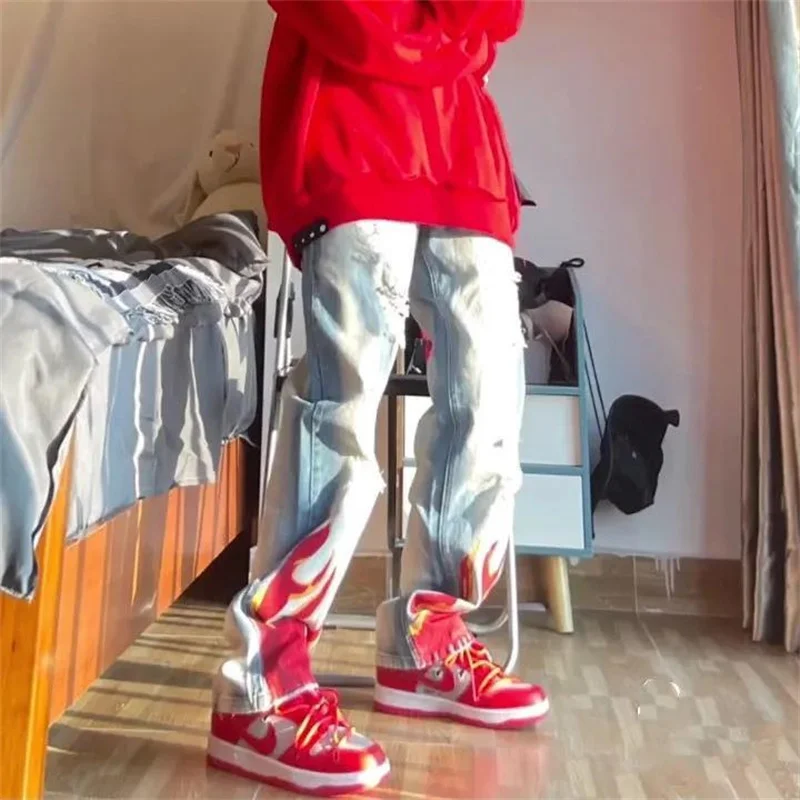 Cyber Y2k Men Hip Hop Streetwear Flame Hole Washed Baggy Jeans Low Rise 2000s Ripped Alt Denim Trousers Fairy Grunge Clothes