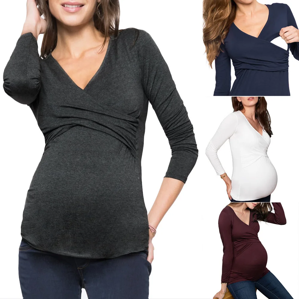 Nursing T-Shirt Breastfeeding Long Sleeve Solid Color Tops Pregnant Sweatshirt Women Clothes For Autumn Pregnancy Clothing