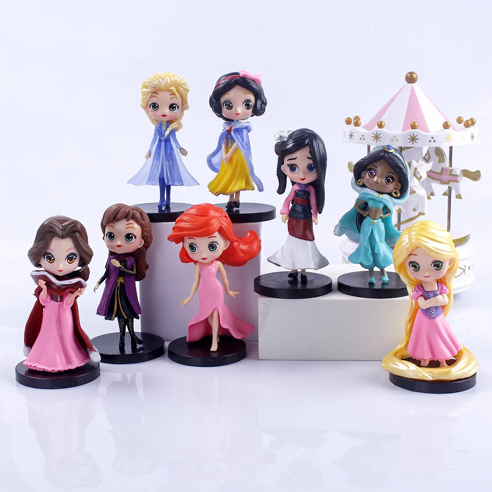 

8-9cm 8pcs/Lot Q Posket Princess Tiana Snow White Rapunzel Ariel Cinderella Belle Mermaid PVC Action Figures Model Toys Kid Gift
