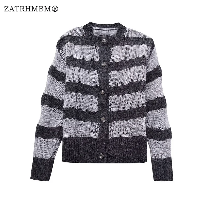 

ZATRHMBM Женский Осенний модный полосатый вязаный свитер 2023, кардиган, винтажные женские свитера на пуговицах с длинными рукавами, шикарные топы