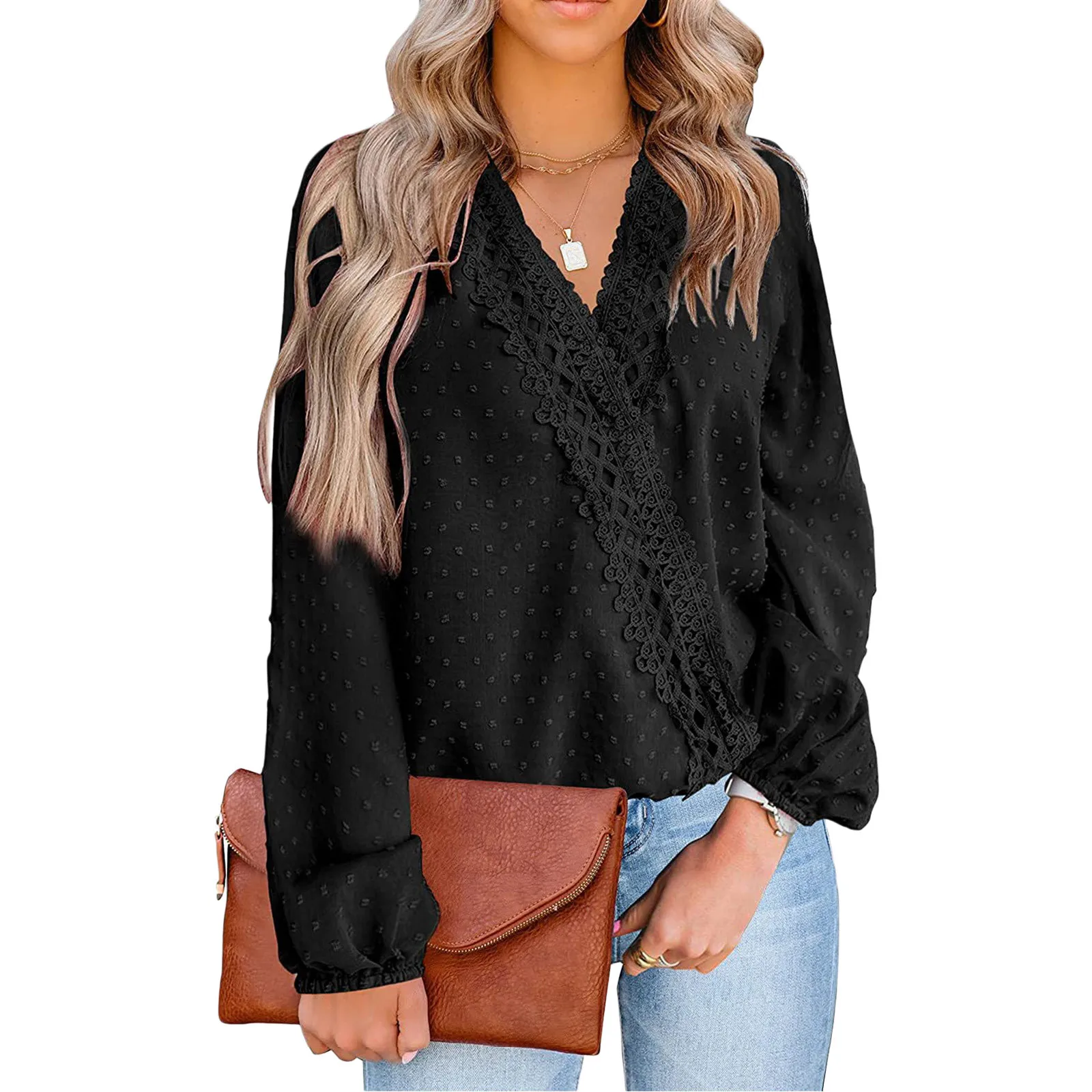 

Office Lady Casual V-Neck Shirts 2022 Sweet Chic Patchwork Lace Flare Long Sleeves All-Match Blouses Spring Autumn Wear