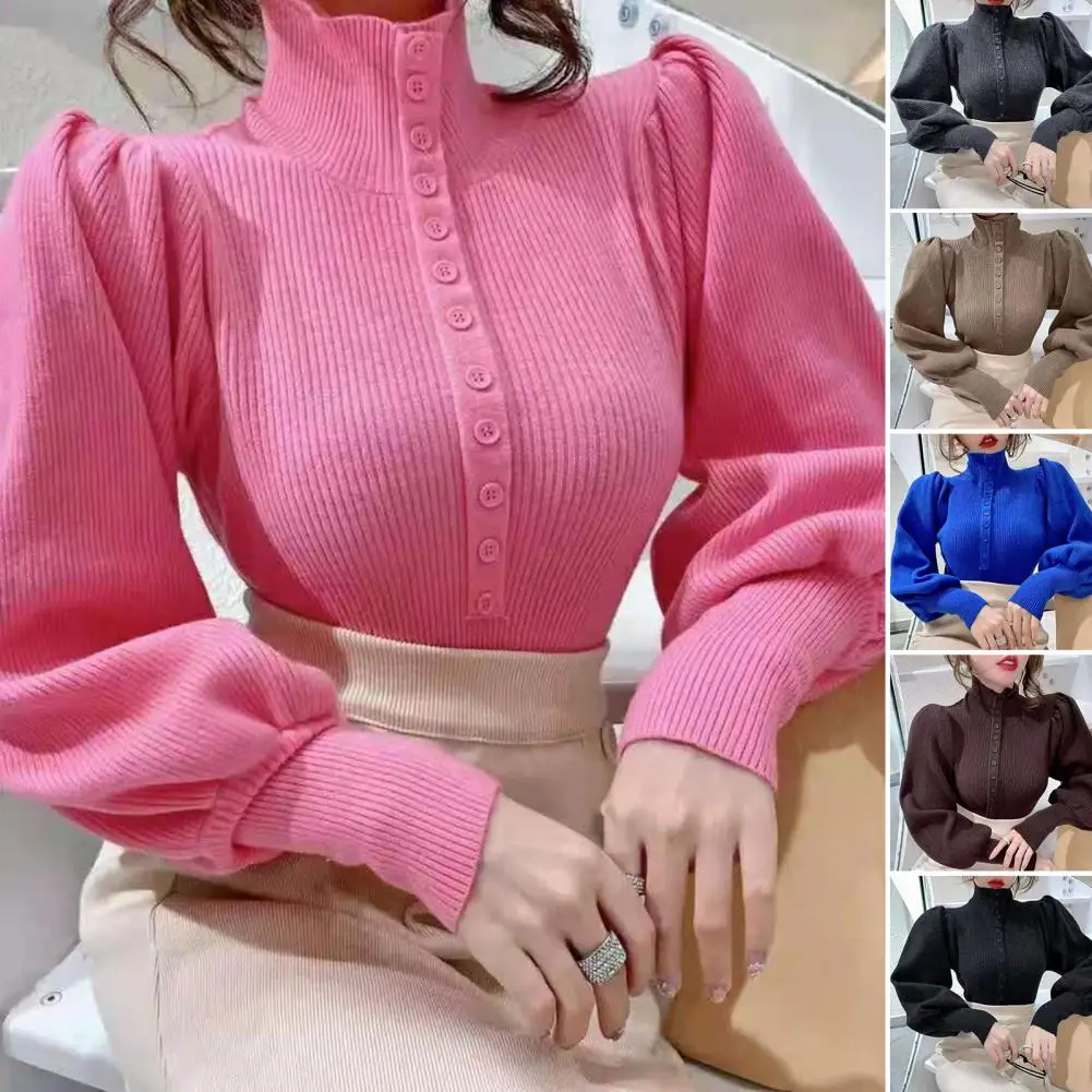 

Knitwear Jumper Buttons Decor Women Knitwear Fall Winter Lady Ribbed Warm Knitted Sweater