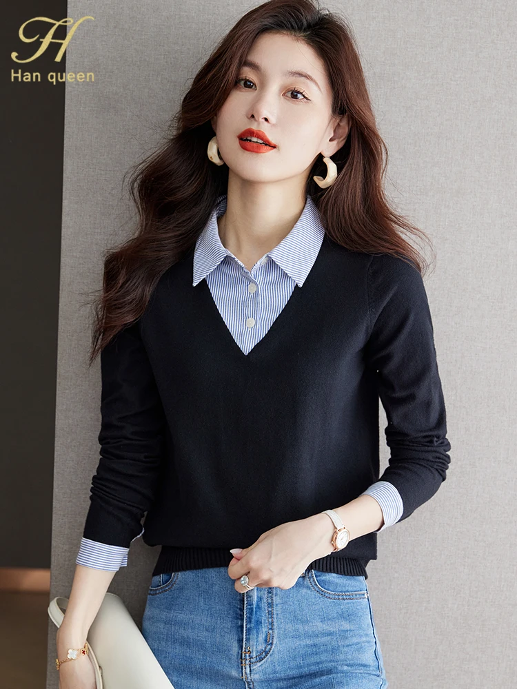 

H Han Queen 2023 Autumn Winter Loose Professional Office Casual Tops Women's Elegant Striped Patchwork Knitting Vintage T-Shirts