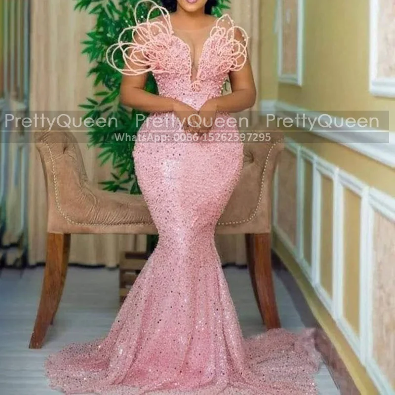 

Женское длинное платье с юбкой годе, розовое платье с блестками, расшитое бисером, со шлейфом и прозрачным вырезом, платье для выпускного ве...