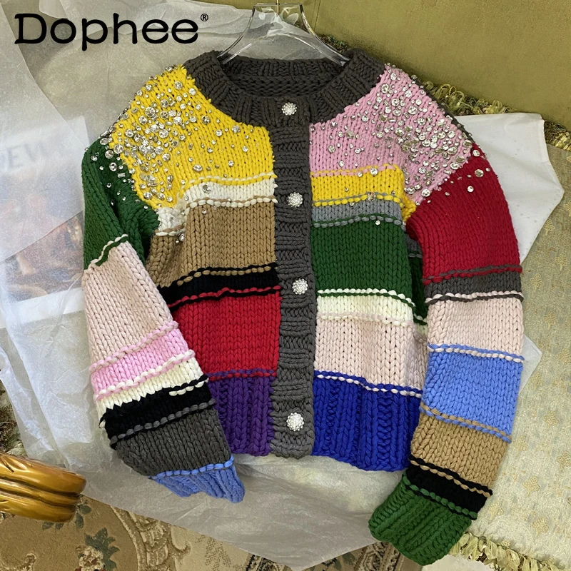 

High Quality 2022 Spring Winter New Year Diamond Sweater Coat Women Beaded Color Thick Warm Fashion Knitted Cardigan Jacket Top