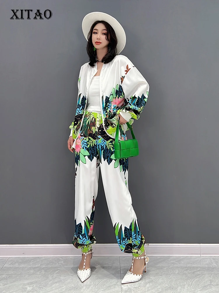 

XITAO Two Piece Set Print Pattern Full Sleeve Print Pattern Pleated Top Elastic Waist Full Length Pants 2022 Minority WMD7082