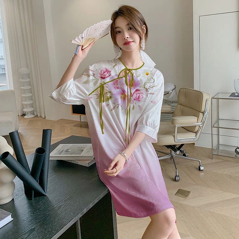 

Chinese Style Satin Nightdress Summer Ice Silk Thin Pajamas Women Home Service Round Neck Sweet Cute Half Sleeves Outside Wear