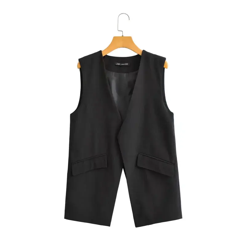 

Women 2022 Fashion Solid Color Loose Back Cross Temperament Pocket Button Suit Collar Sleeveless Long Vest Streetwear Chic Tops