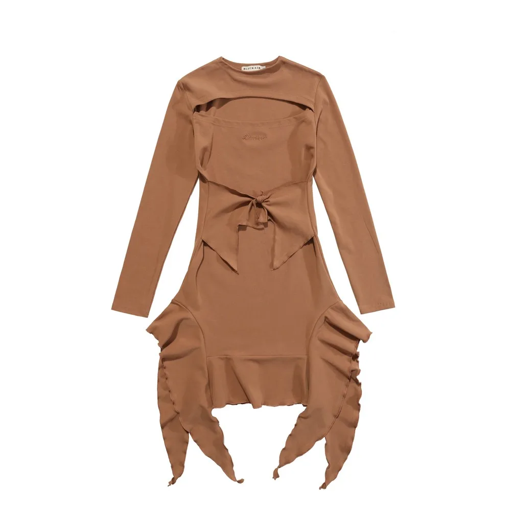 

Knit Hollow Out Tassel Designer Girl Dress Long Sleeve Khaki Party Dresses Slim Summer Dresses for Women 2022 y2k Clothes