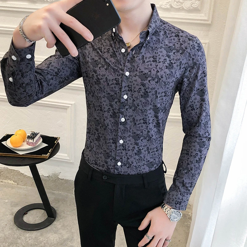 2022 Floral Printed Long Sleeve Shirts for Men Slim Fit Streetwear Casual Shirt Business Social Party Tuxedo Blouse Men Clothing
