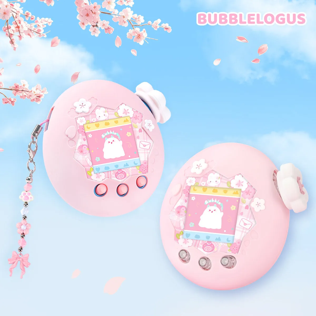 Фото BUBBLELOGUS Защитный силиконовый чехол для Tamagotchi Paradise Pink SAKURA с наклейкой, накладкой на кнопки и подвеской, мягкий чехол №1
