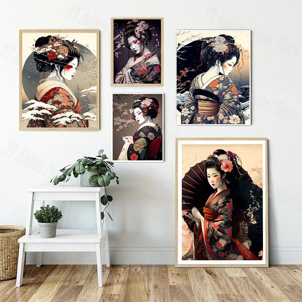 

Japanese Geisha Poster Kimono Woman Graffiti Art Cuadros Wall Pop Art Mural Canvas Print Watercolor Picture for Home Room Decor