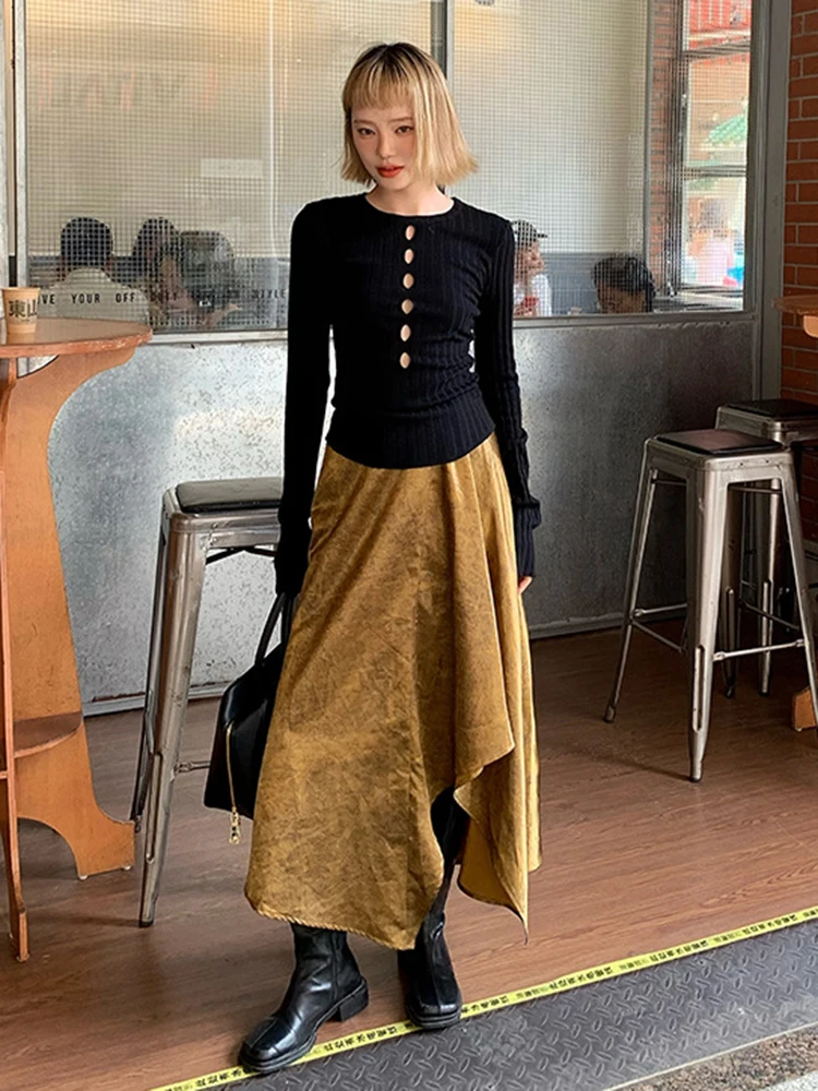 

XITAO Irregular Skirt Advanced Sense Vintage Flowing Gold Halo Stain Skirt 2023 Autumn New Personality All-match Women DMJ2615