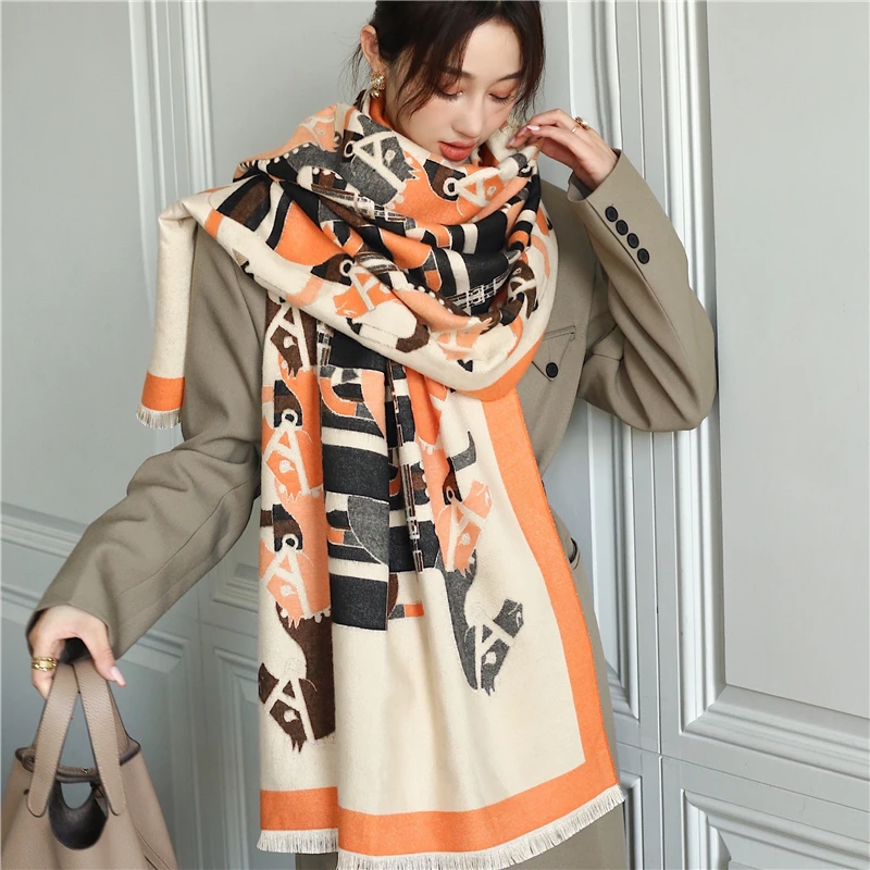 

2022 Thick Foulard Luxury Design Cashmere Scarf Winter Pashmina Female Shawls Wraps Printed Women Blanket Warm Stoles Bufanda