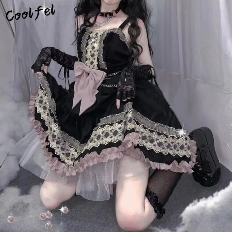 

COOLFEL 2022 New Japanese Lolita Gothic Bandage Dress Girl Vintage Kawaii Princess Party Dress Sleeveless Lolita Dress