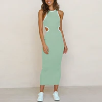 2022 new trendy women summer long knitting dress contrast binding cutout waist tank dress