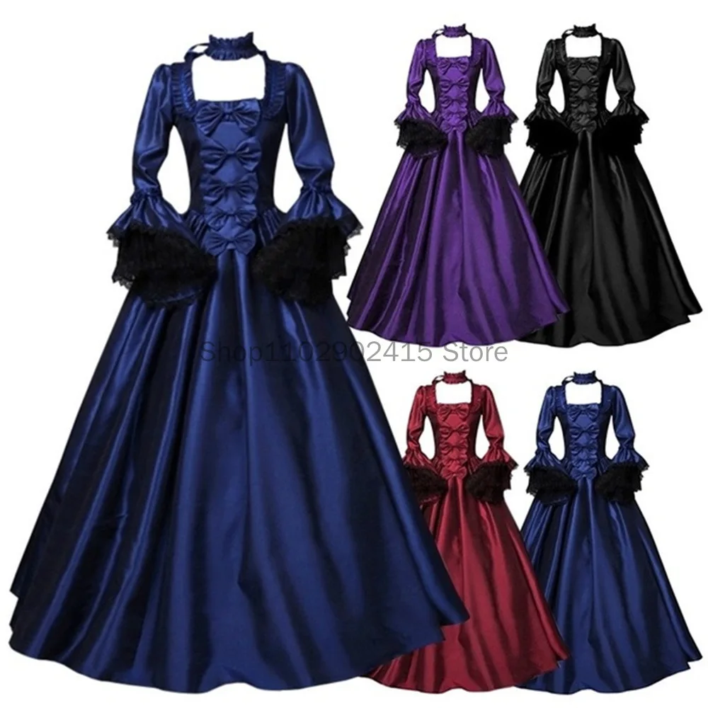 

Lace Stitching Women Dress Long Large Bell Sleeve Medieval Retro Costume Dress Court Retro Europe Palace Gown Big Swing Dress