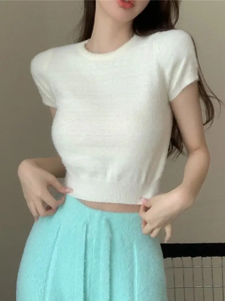 

Soft Elastic Tees Women O-neck Cropped T-shirts Girls Short Sleeve Sheath Tshirt Basic Crop Tops Girls Spring Summer Undershirts