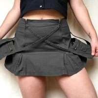 y2k cross bandage jeans skirts big pockets zipper cargo mini skirts grunge grey vintage prepply punk pleated skirts