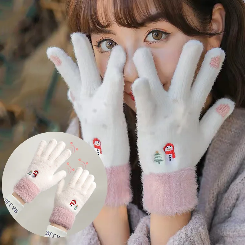 

Теплые теплые перчатки Iwarm с имитацией меха норки с изображением снеговика, женские вязаные плюшевые зимние перчатки с защитой от холода дл...