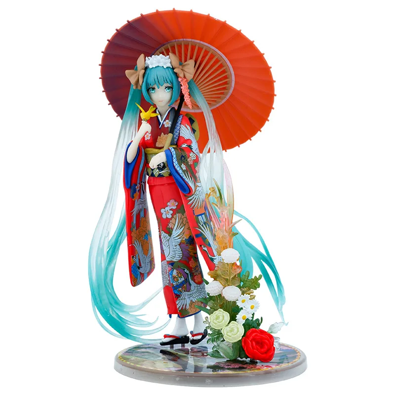 Anime Hatsune Miku Figure Red Kimono Umbrella 22CM PVC Figurine Japanese Model Colletible Birthday Dolls Gift Toys for Girls