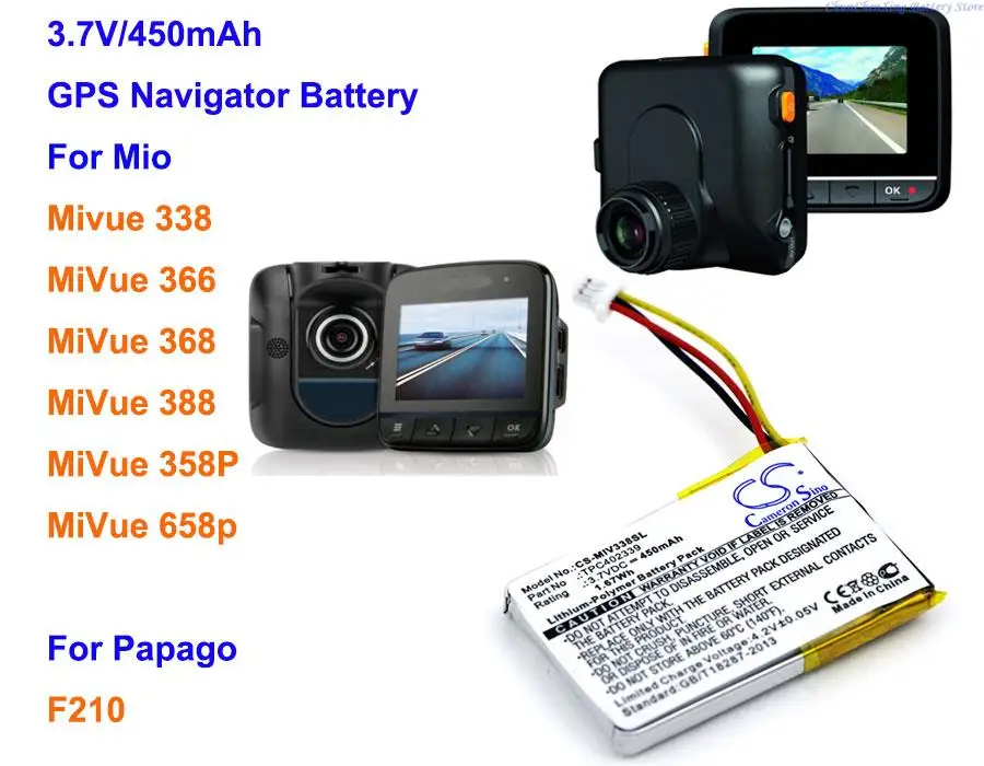 

OrangeYu 450mAh Battery TPC402339 for Mio Mivue 338, Mivue 358P, Mivue 658p, Mivue 366, MiVue 368,MiVue 388, For Papago F210