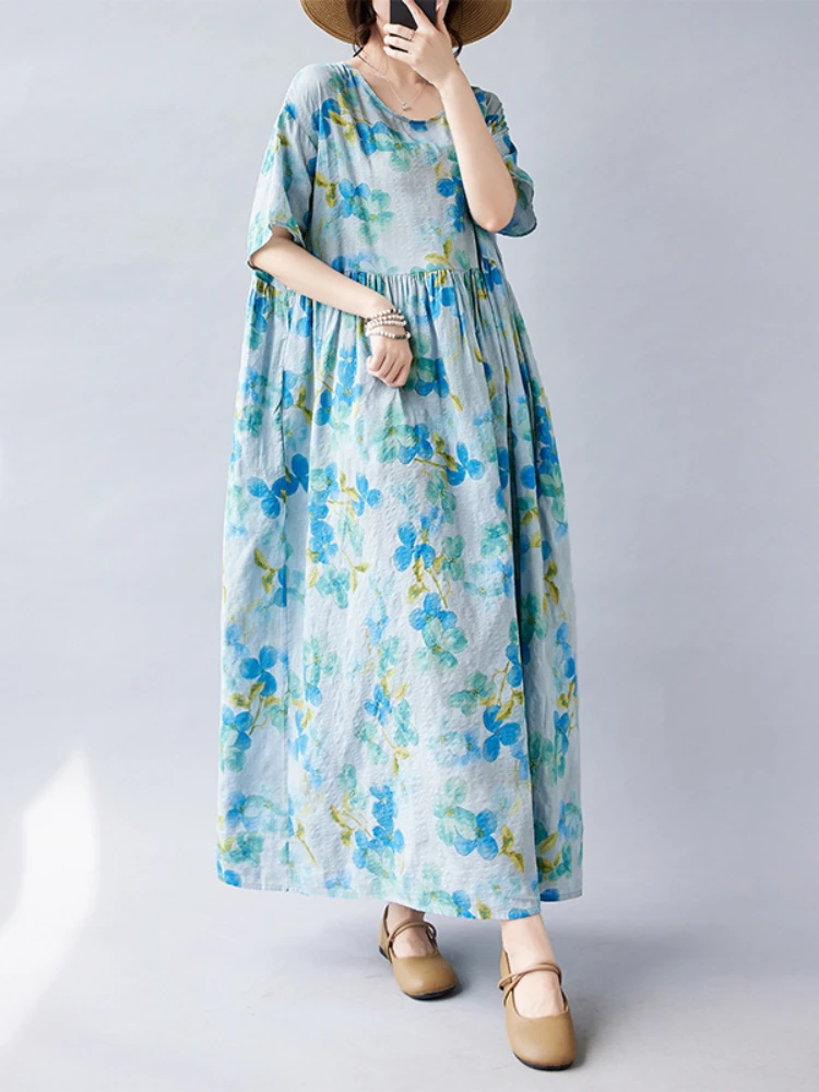 

Платье женское длинное с круглым вырезом, элегантный повседневный модный Свободный винтажный офисный сарафан оверсайз с коротким рукавом и цветочным принтом, лето