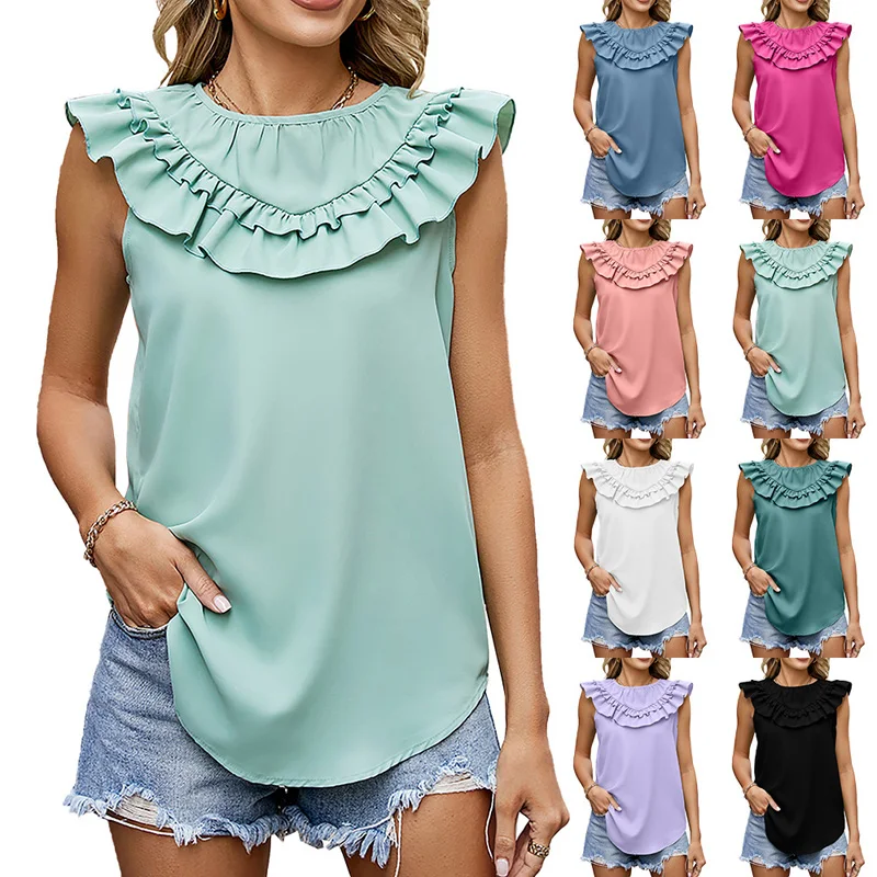 

Summer Women Clothing Solid Color Sleeveless Ruffle Chiffon Blouse Shirts