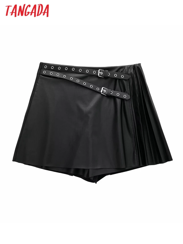 

Tangada Women Fashion with Belt Faux Leather Shorts Skirts Vintage High Waist Side Zipper Female Shorts 3H482