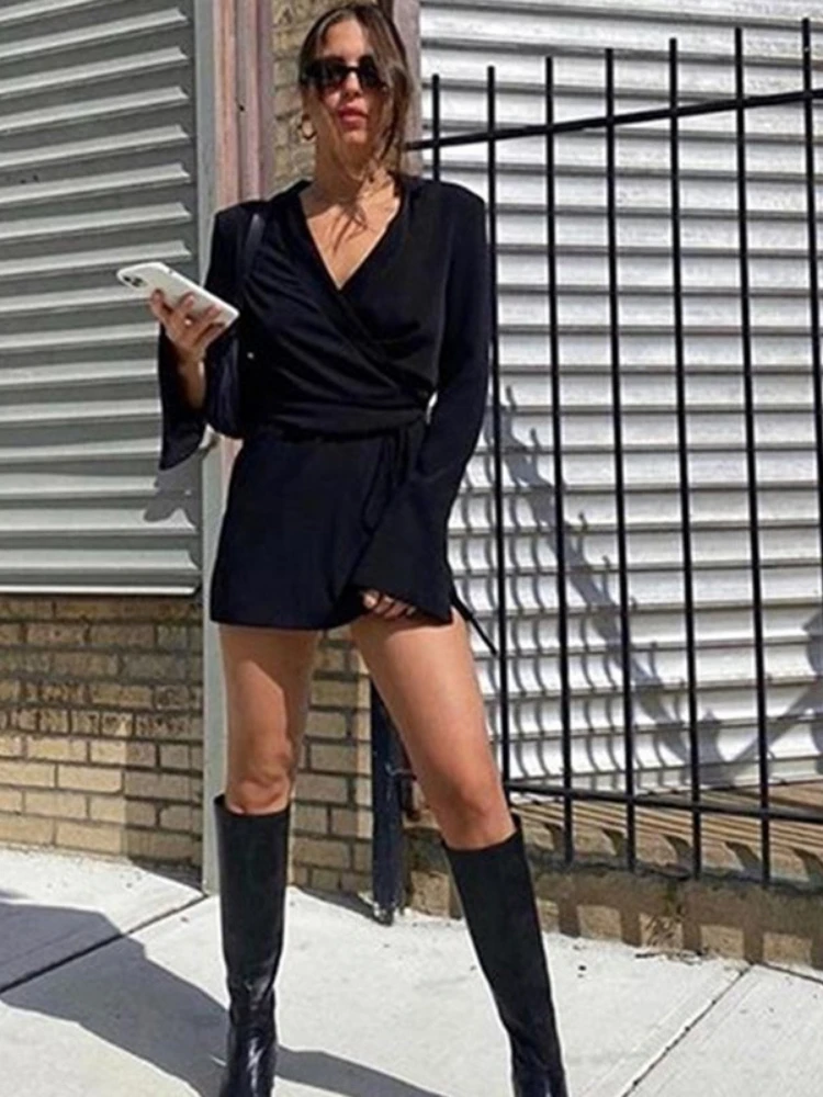 

Однотонное мини-платье с длинным рукавом и V-образным вырезом, Осенние экзотические Элегантные Роскошные облегающие вечерние Клубные Модны...