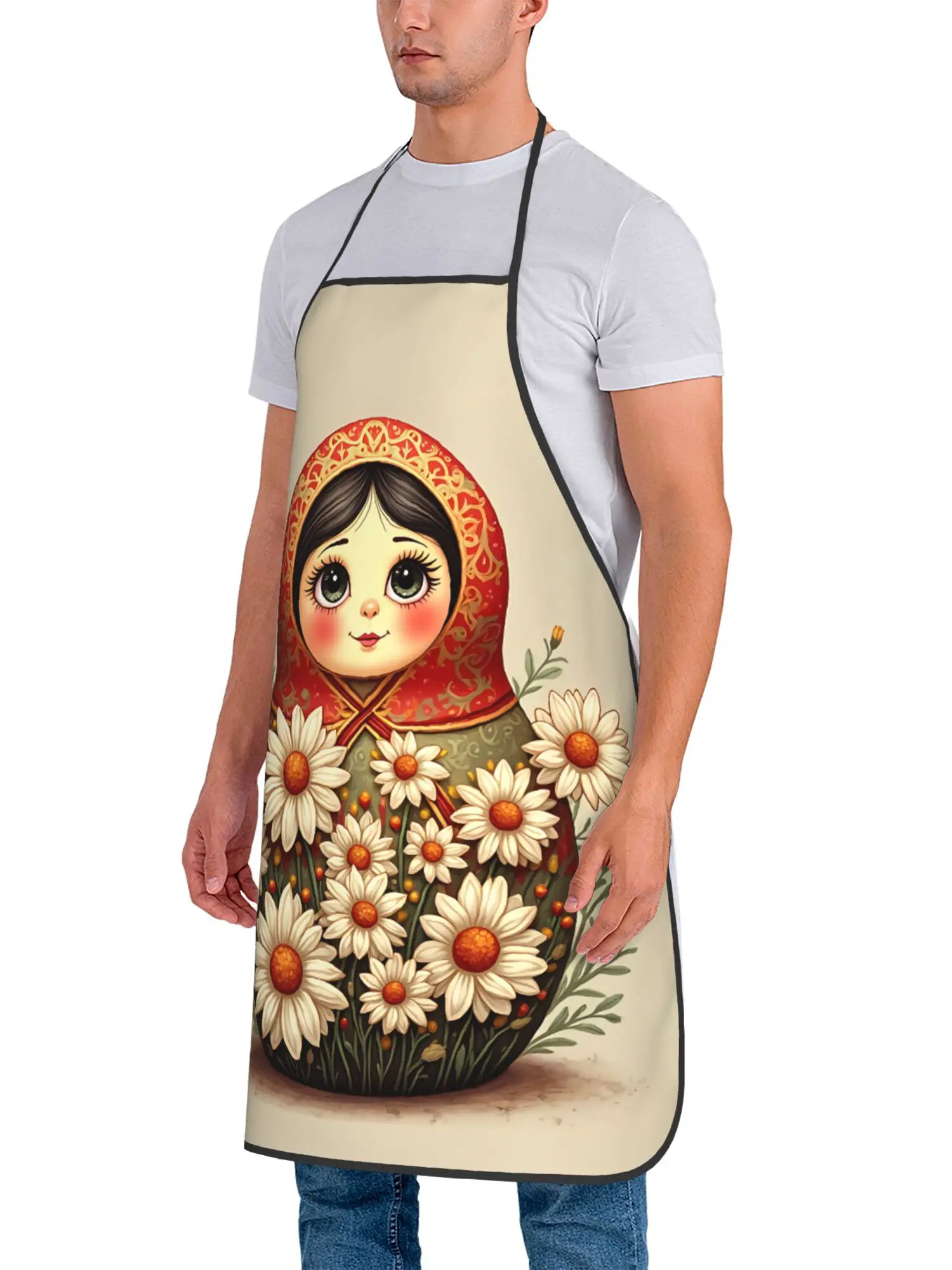 Фото Фартук с русской матрешкой и цветами ромашек, кухонный фартук для готовки и выпечки, подарок для женщин, народное искусство, одежда для шеф-повара, традиционный дизайн №4