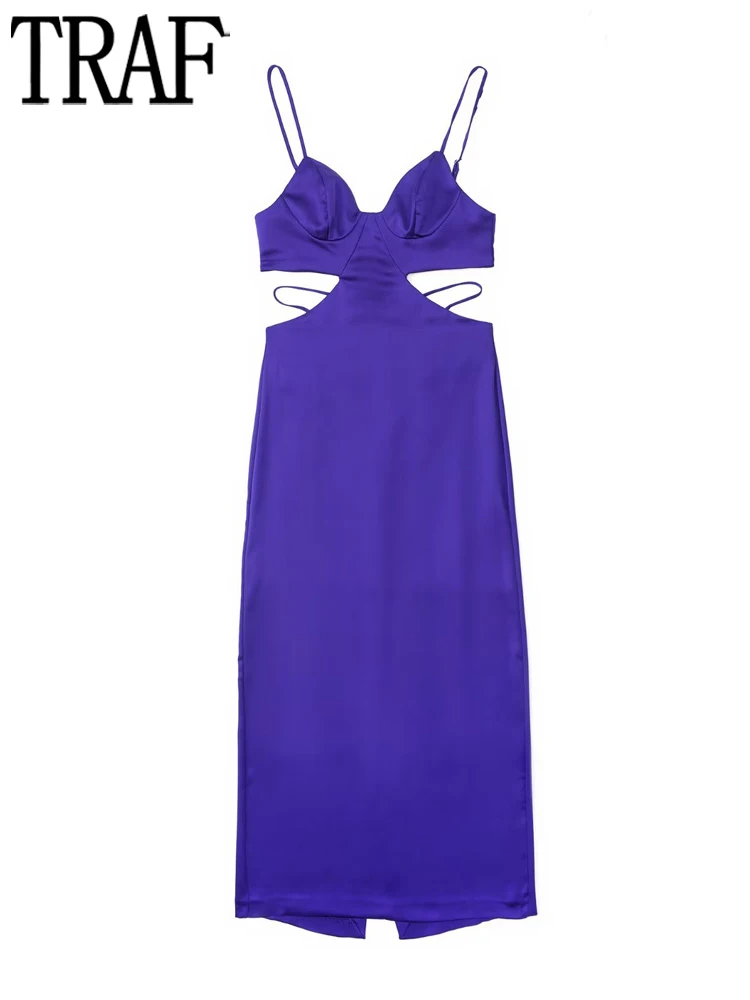 

TRAF Blue Sexy Cut Out Dress Woman Satin Slip Long Dress Women Summer Backless Maxi Dresses for Women Straps Night Party Dresses