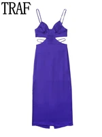 traf blue sexy cut out dress woman satin slip long dress women summer backless maxi dresses for women straps night party dresses