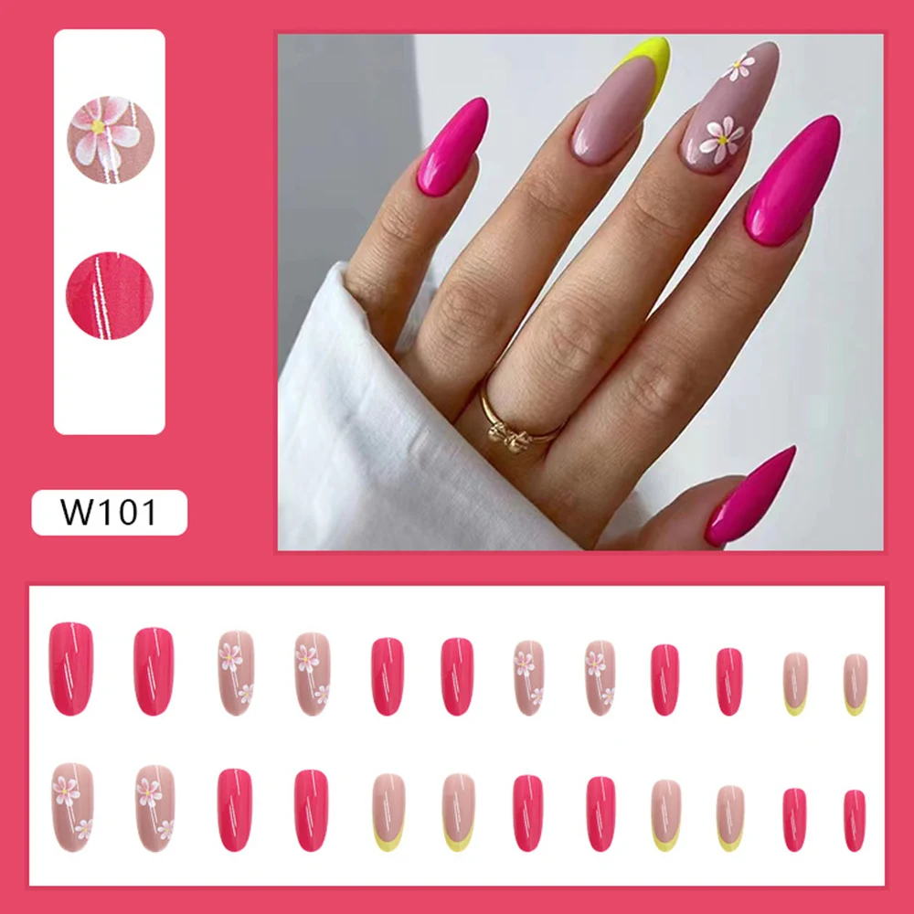 

Небольшие цветы, накладные ногти, 24 шт., полное покрытие, милый стиль, длинный розовый цвет, отжим ногтей, съемка, экономия времени, желеобраз...