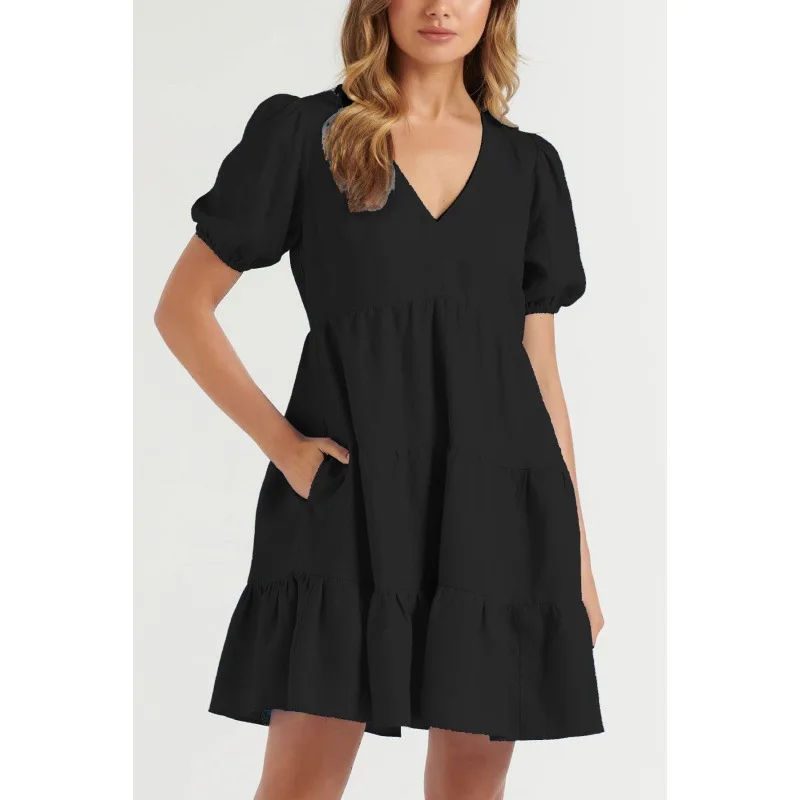 

Women Dress Sexy Pleated V Neck Solid Color Short Sleeves Mid Length Puff Sleeves 2022 Summer Mini Dresses Tight Hotsale Dress