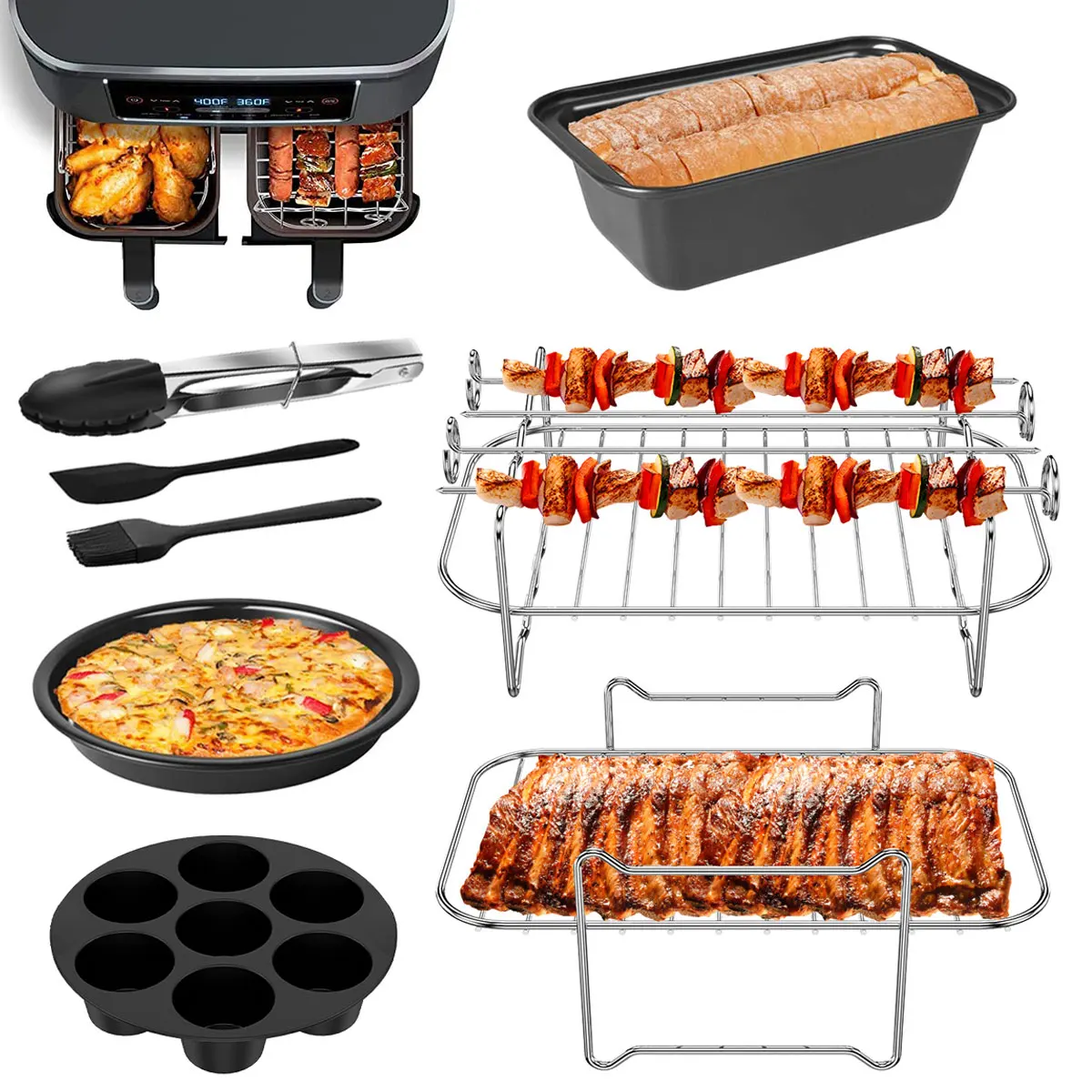 

8 Pcs Air Fryer Accessories Set with 304 Stainless Steel Air Fryer Pizza Pan Air Fryer Loaf Pan Nonstick Steamer Rack Skewer