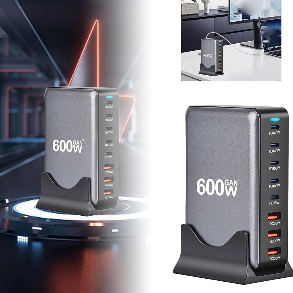 Популярное зарядное устройство GaN USB C мощностью 600 Вт 8-портовая станция быстрой