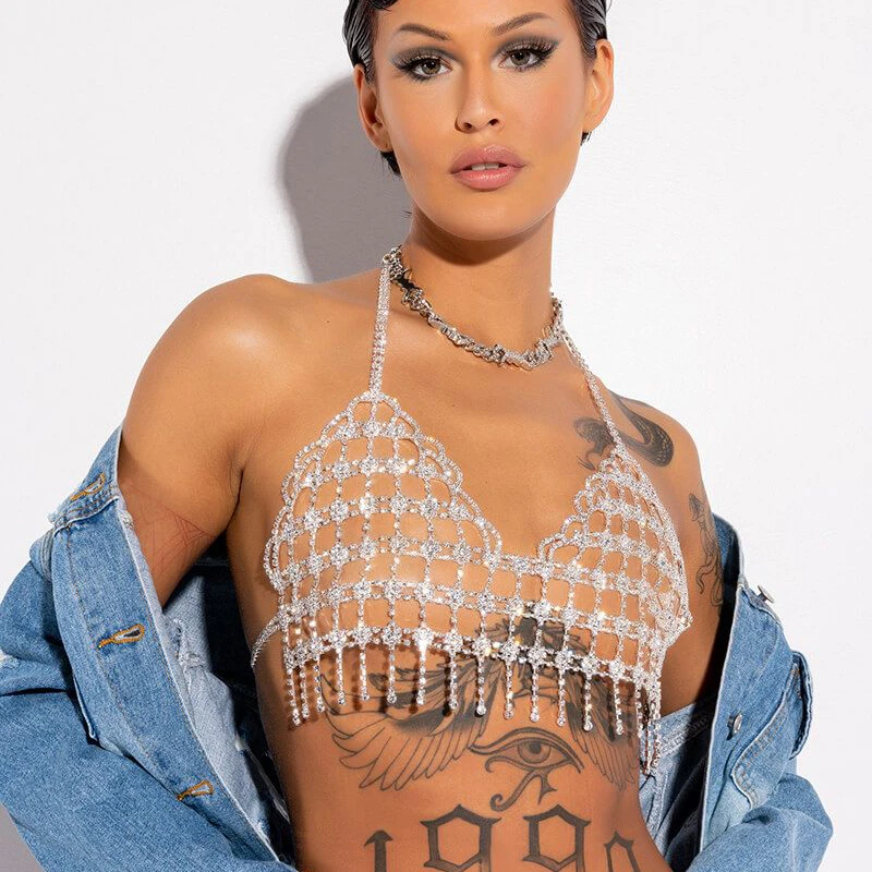 Роскошный сексуальный женский Блестящий бюстгальтер с кристаллами цепочка для