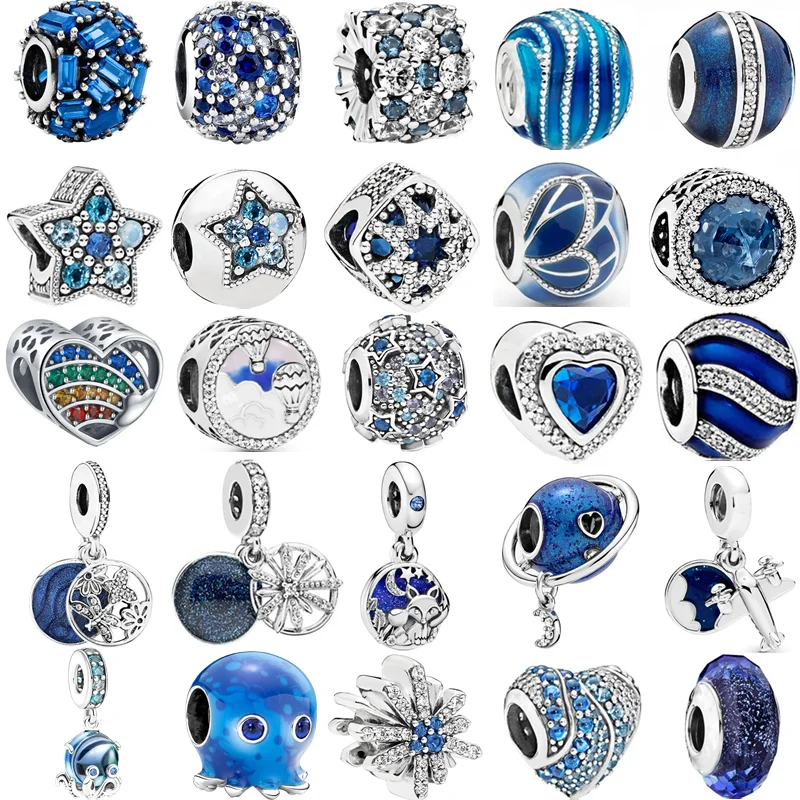 

Hot Selling Sky Blue Series Butterfly Flower Unicorn Stars Moon Owl Plane Beads Fit Original Pandora Charms Bracelet DIY Jewelry