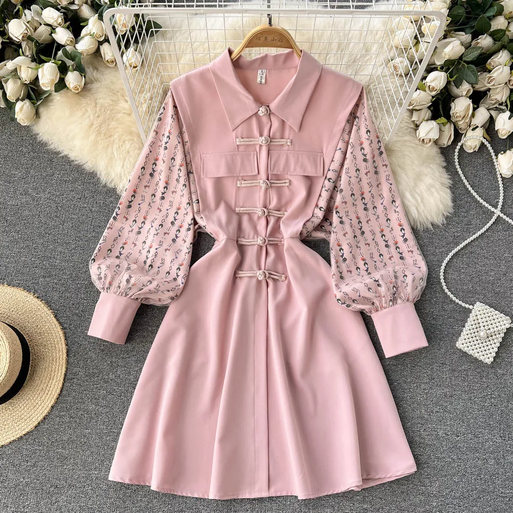 

D437 Women 2022 Spring Autumn New Fashion Retro Mesh Stitching Long Bat Sleeve A-line Short Dress Elegant Vintage Vestidos