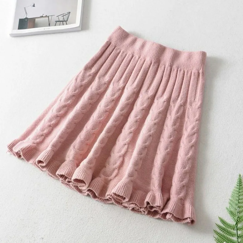 

Pink Ruffles Short Skirt for Women Sweet College Style Knitted A-line Skirts Female Korean High Waist Pleated Skirts