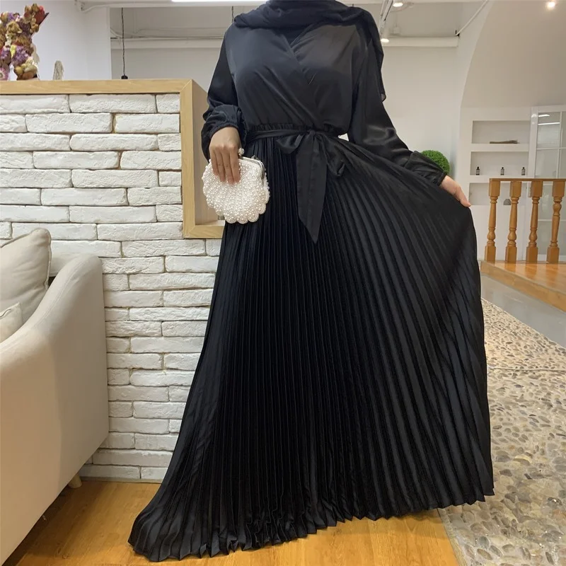 Solid V Neck Long Sleeve Muslim Women's Clothing Dresses New Fashion Stitching Pleated Long Skirts Universal For All Seasons